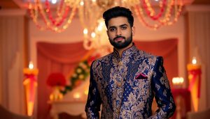 A groom dressed in an elegant navy blue and gold embroidered sherwani with a maroon pocket square, standing in a beautifully decorated venue with warm lighting and ornate chandeliers.